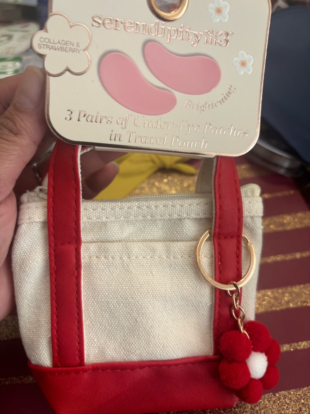 Serendipity mix Under-Eye Patches & Mini Tote Keychain - Pink & Red